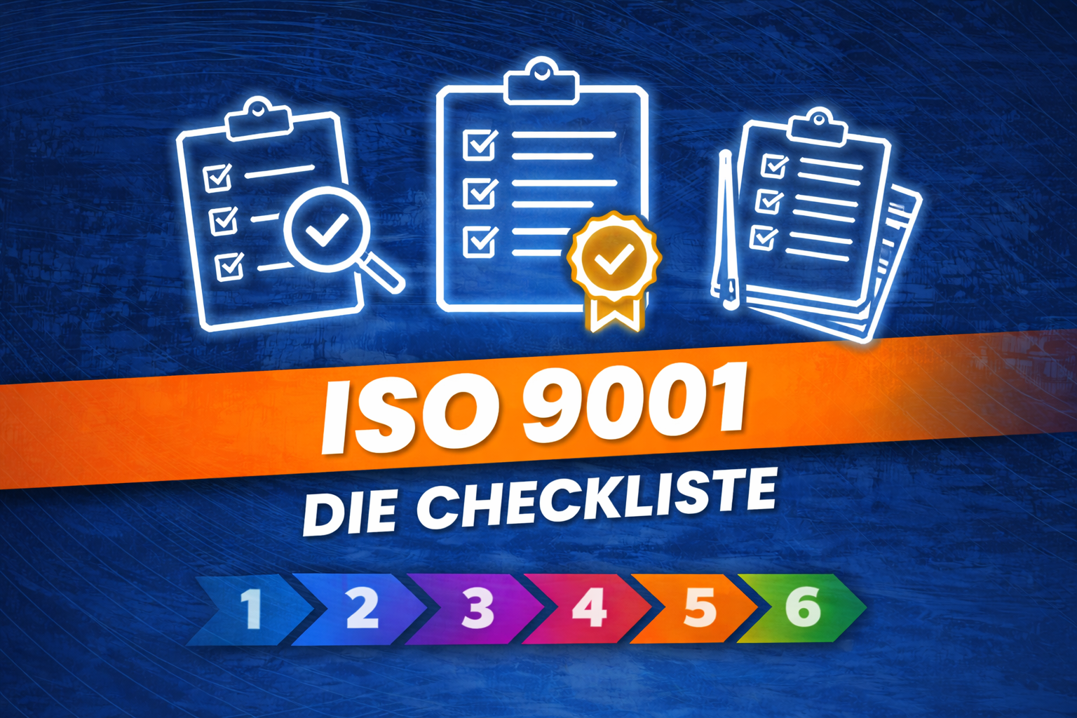 Grafik zur ISO 9001 Checkliste mit Icons für Aufgabenlisten und der Überschrift „ISO 9001 – Die Checkliste“ auf blauem Hintergrund