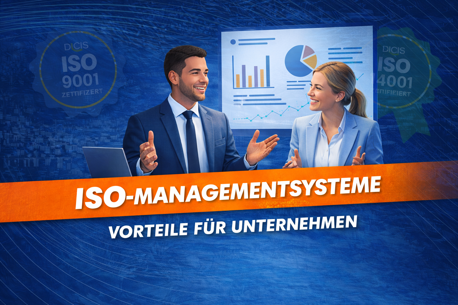 Grafik zu ISO Managementsystemen mit Mann und Frau im Workshop sowie der Überschrift „ISO-Managementsysteme – Vorteile für Unternehmen“