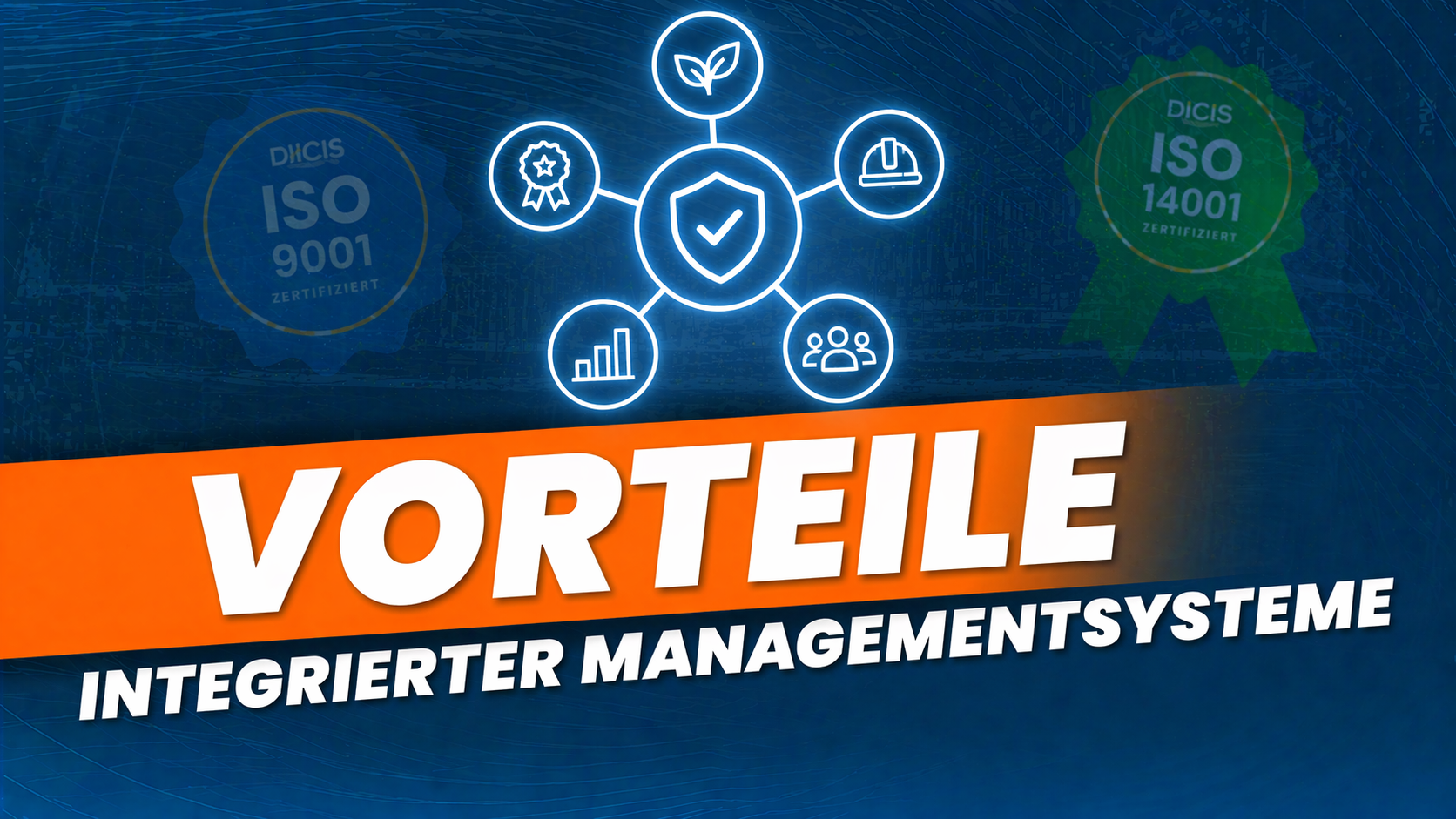 Grafik zu integrierten Managementsystemen mit Icon zur Verbindung mehrerer Systeme und der Überschrift „Vorteile integrierter Managementsysteme“ auf blauem Hintergrund
