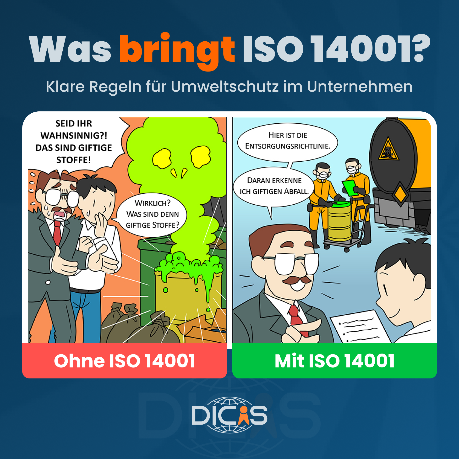 ISO 14001 einfach erklärt: Cartoon zum Umweltmanagement und sicheren Umgang mit gefährlichen Abfällen im Unternehmen