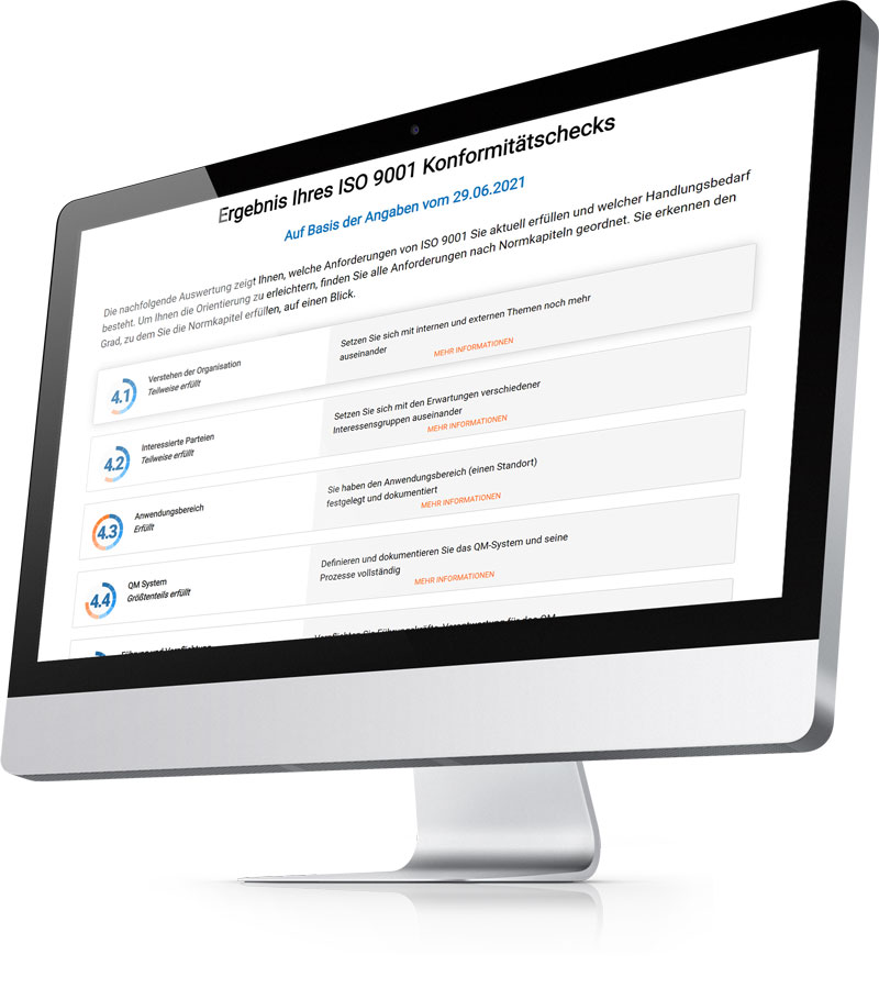 Screenshot of an online tool for ISO certification, where users select standards and answer questions about company processes
