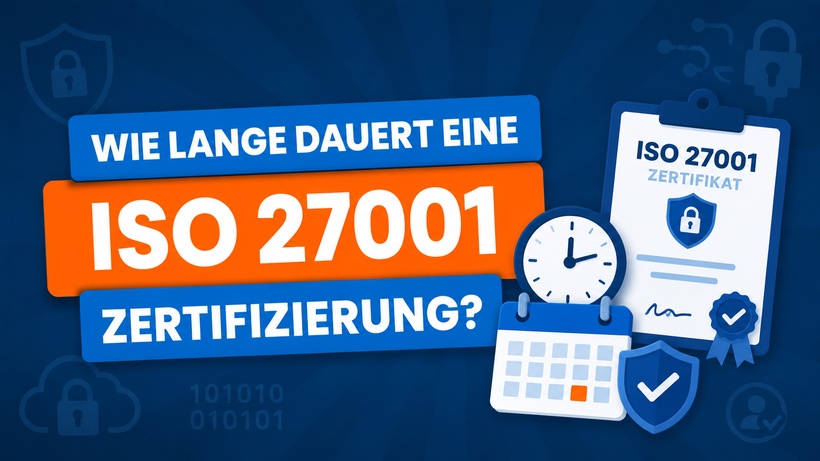 Grafik zur ISO 27001 Zertifizierung für kleine Unternehmen mit den vier zentralen Bereichen der Informationssicherheit: Organisation, Mitarbeitende, physische Sicherheit und technische Schutzmaßnahmen.