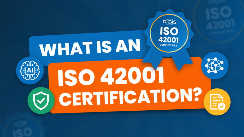 What Is an ISO 42001 Certification? Graphic featuring the headline “What Is an ISO 42001 Certification?” on a dark blue background. The design includes icons representing artificial intelligence, information security, AI networks, compliance, and an ISO 42001 certification badge.