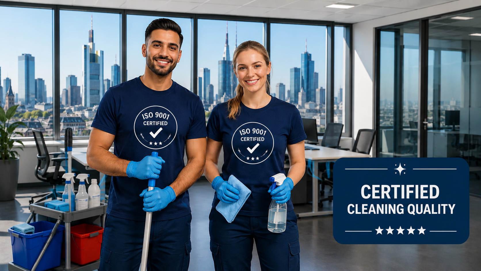 ISO Certification for Commercial Cleaning: Why Certified Quality Sets You Apart ISO 9001 certified commercial cleaning staff in an office – Certified cleaning quality backed by ISO 9001 certification