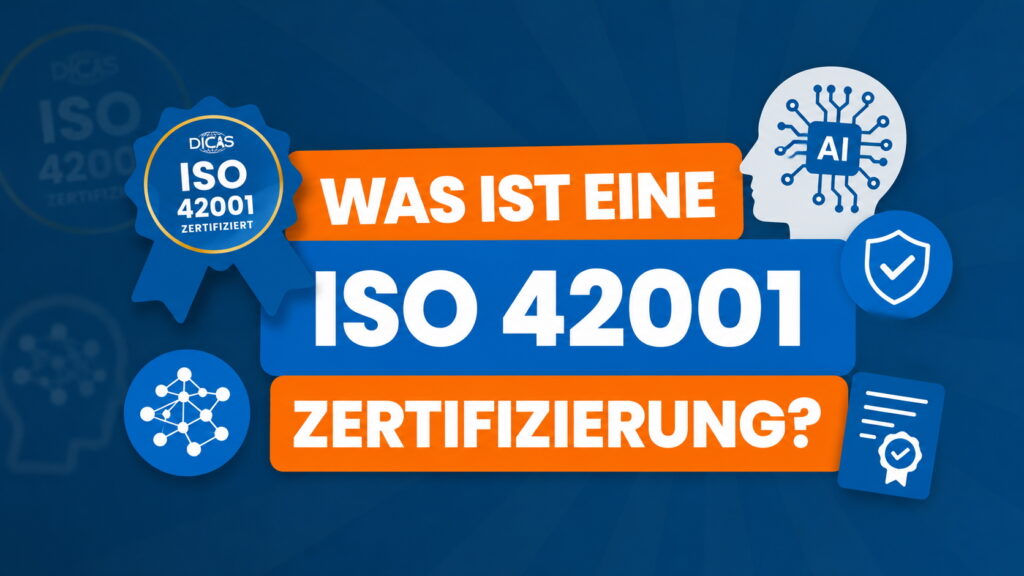 ISO 42001 Zertifizierung: Was ist das? Einfach erklärt Grafik zur ISO 42001 Zertifizierung mit KI-Symbolen, Sicherheits-Icons und der Frage „Was ist eine ISO 42001 Zertifizierung?“ auf blauem Hintergrund.