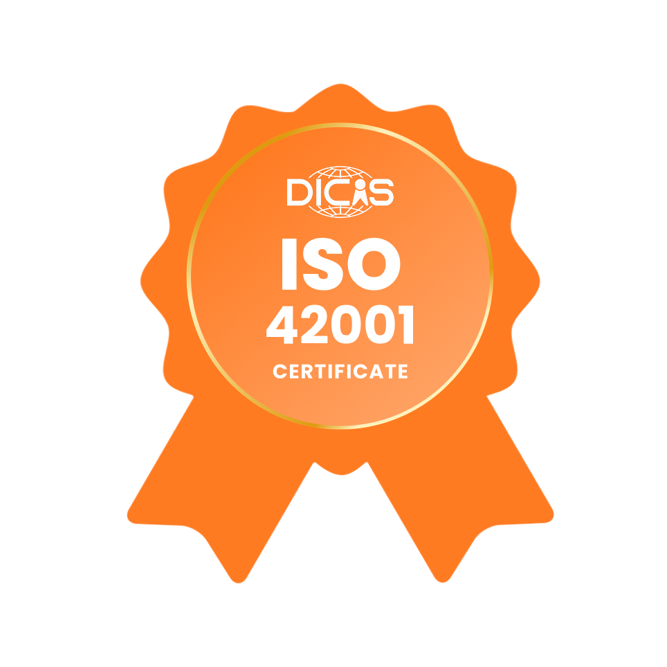 ISO 42001 Certification Badge ISO 42001 certification badge for AI management systems issued by DICIS AG