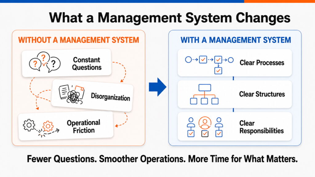 Management Systems Explained: Benefits for Small Businesses Infographic comparing a business without a management system—constant questions, disorganization and operational friction—with one using clear processes, structures and responsibilities.