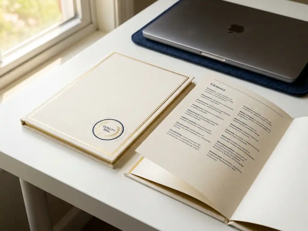 Zwei offizielle Dokumente nebeneinander auf weißem Schreibtisch, eines mit Qualitätssiegel, im Hintergrund ein Laptop.
