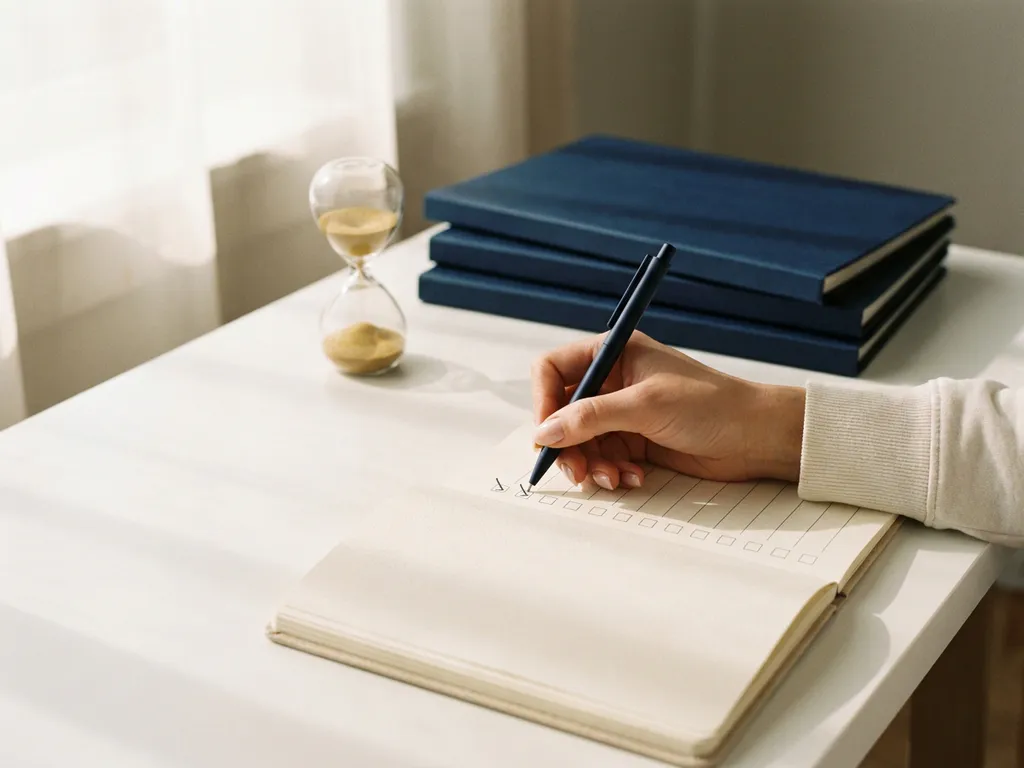 Hand schreibt Checkliste in Notizbuch neben kleiner Sanduhr und gestapelten Ordnern auf weißem Schreibtisch.