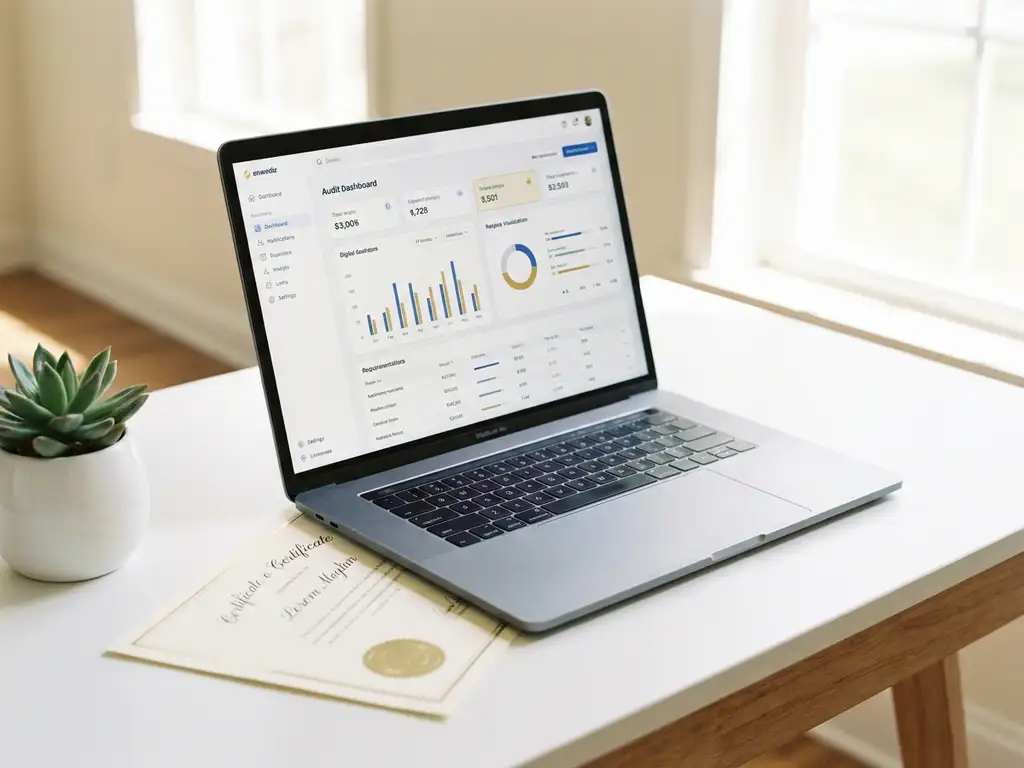 Laptop mit digitalem Audit-Dashboard auf weißem Schreibtisch, darunter ein offizielles Zertifikat, kleine Topfpflanze daneben.