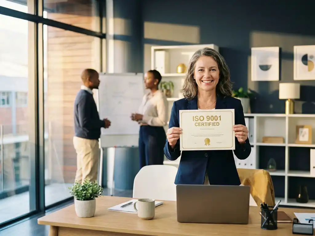 Kleinunternehmer hält ISO 9001-Zertifikat am modernen Schreibtisch, Team unscharf im Hintergrund, warmes Abendlicht.