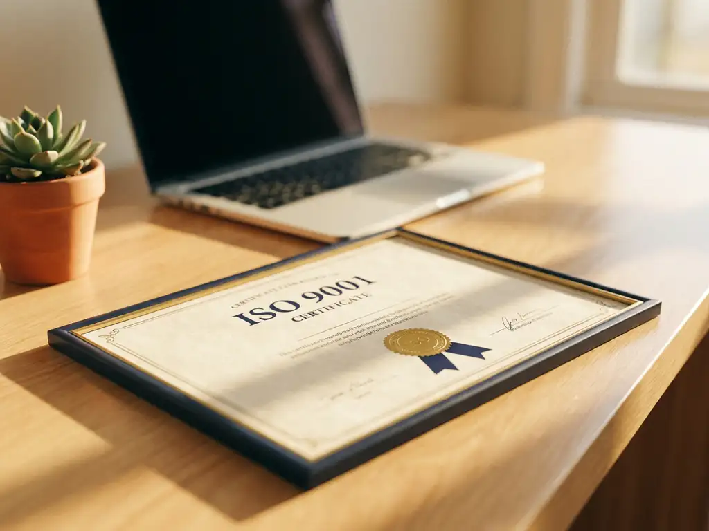 ISO 9001 Zertifikat auf modernem Schreibtisch neben grüner Topfpflanze, Laptop im Hintergrund, warmes goldenes Licht.