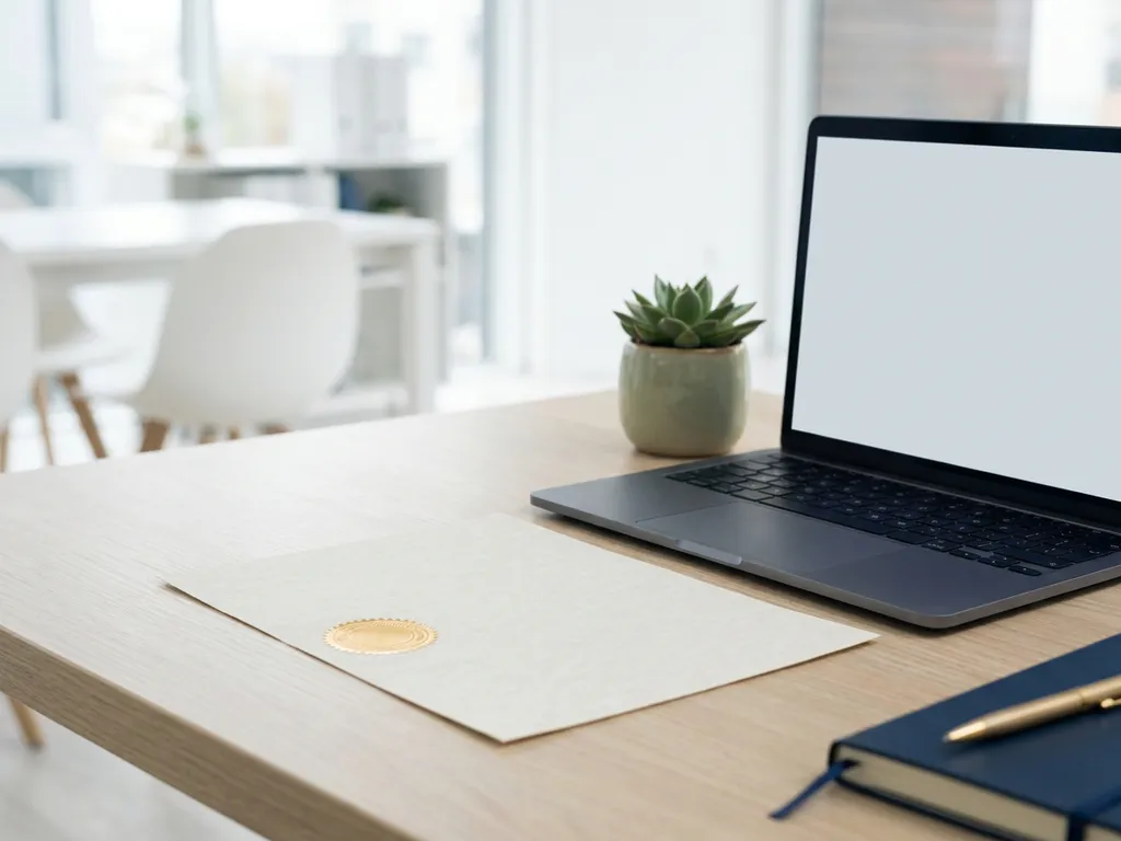 ISO 9001 Qualitätszertifikat auf modernem Schreibtisch neben Laptop und kleiner Topfpflanze, natürliches Fensterlicht.