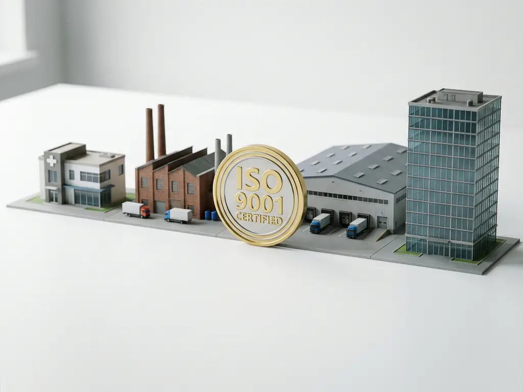 Miniaturgebäude aus Klinik, Fabrik, Lager und Büro mit ISO-9001-Zertifizierungsmedaille in der Mitte auf weißem Untergrund.