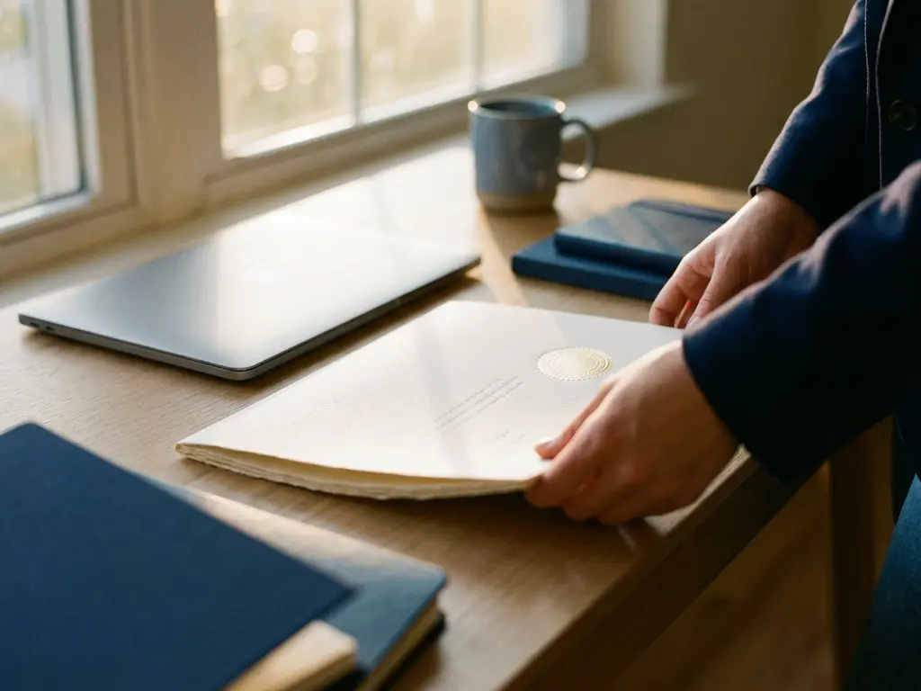 Kleinunternehmer platziert ISO-Zertifikat mit goldenem Siegel neben Laptop auf aufgeräumtem Schreibtisch in warmem Licht.
