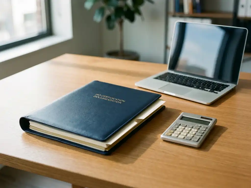 ISO-Zertifizierungsmappe auf modernem Schreibtisch neben Taschenrechner und Laptop, natürliches Licht, professionelle Atmosphäre.
