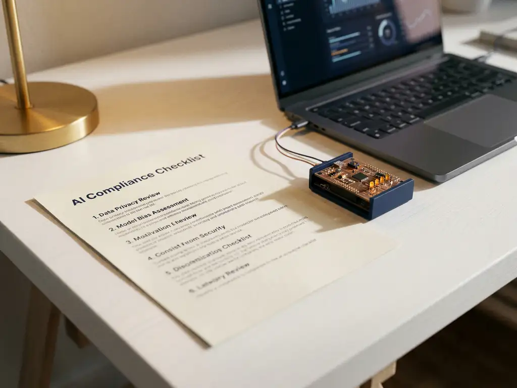 Checkliste auf weißem Schreibtisch neben KI-Schaltkreismodell und Laptop, goldenes Licht, symbolisiert digitale Compliance und Innovation.