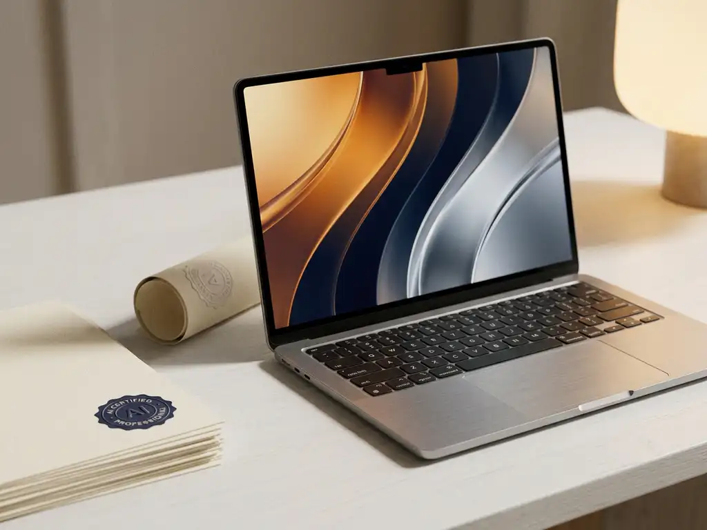 Laptop mit leuchtendem digitalen Zertifikat auf weißem Schreibtisch neben offiziellen Dokumenten mit KI-Zertifizierungssiegel.