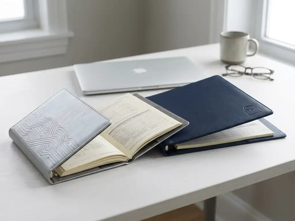Zwei aufgeschlagene Zertifizierungsordner auf weißem Schreibtisch, einer mit KI-Schaltkreismotiv, einer mit Schlosssymbol, Laptop unscharf im Hintergrund.