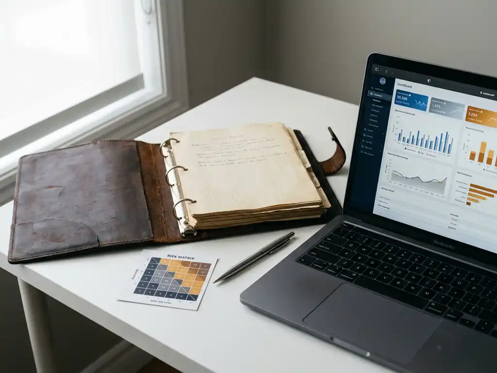 Aufgeschlagener Leder-Zertifizierungsordner auf weißem Schreibtisch neben Laptop mit KI-Dashboard und ausgedruckter Risikomatrix.