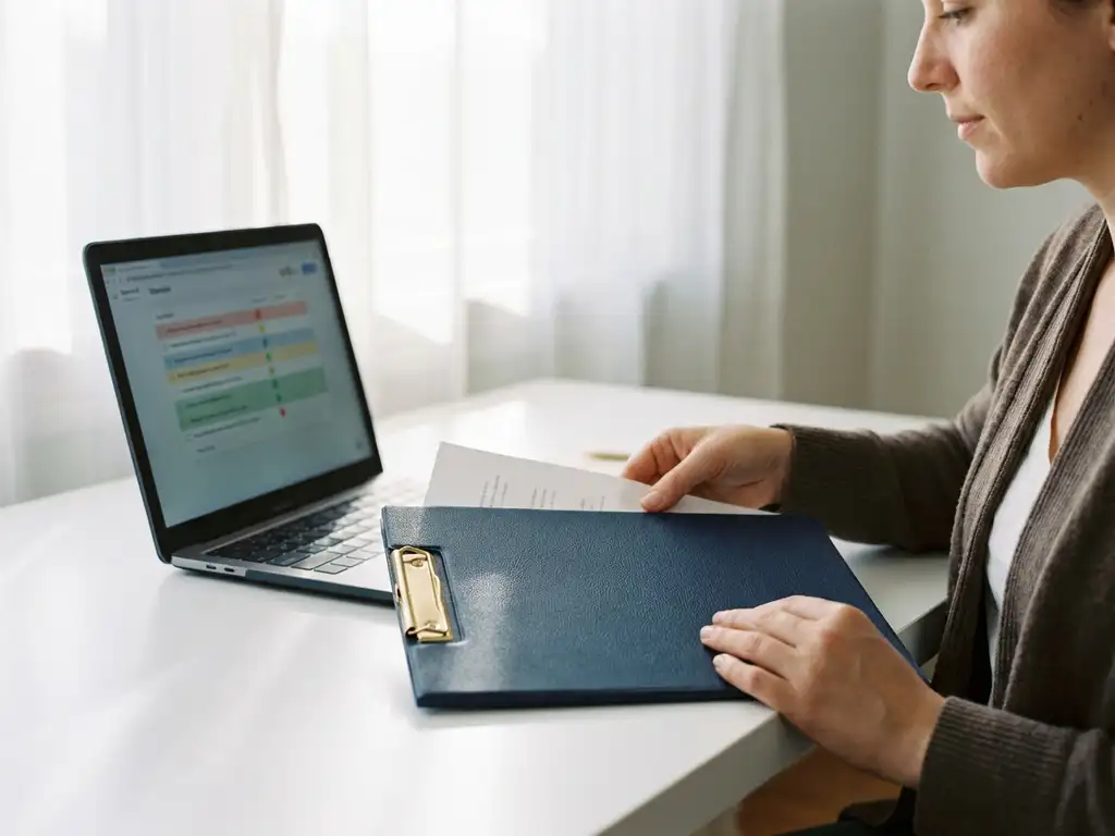 Selbstständige Person legt Dokument in organisierten Ordner auf weißem Schreibtisch, Laptop mit Checkliste daneben, ruhige Morgenstimmung.
