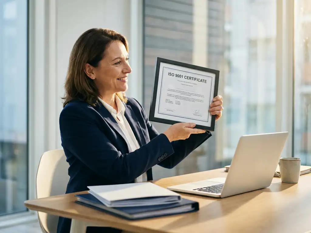 Selbstständige hält frisch gedrucktes ISO 9001-Zertifikat an modernem Schreibtisch mit Laptop und Ordnern im warmen Morgenlicht.
