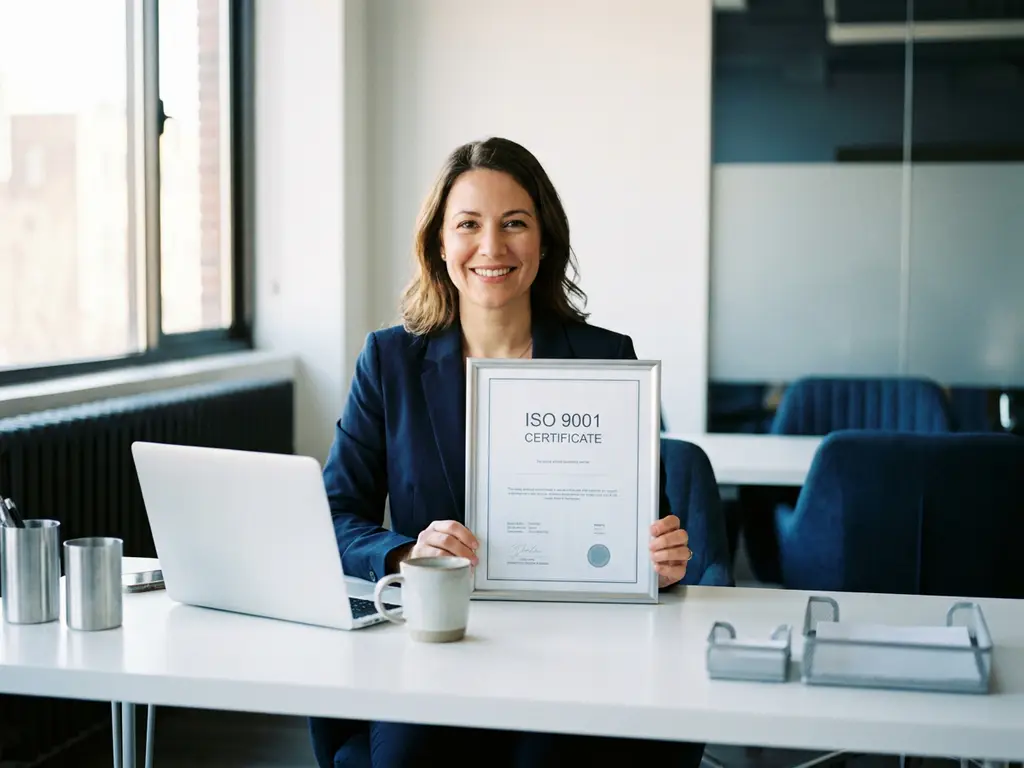 Selbstständige Unternehmerin hält ISO-Zertifikat an modernem Schreibtisch mit Laptop, natürliches Fensterlicht, professionelle Atmosphäre.