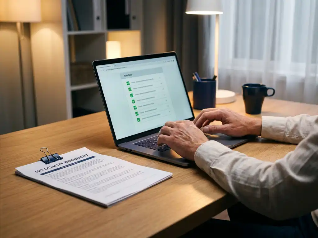 Selbstständige Person am aufgeräumten Schreibtisch mit Laptop und ISO-Qualitätsdokument beim Ausfüllen einer digitalen Zertifizierungs-Checkliste.