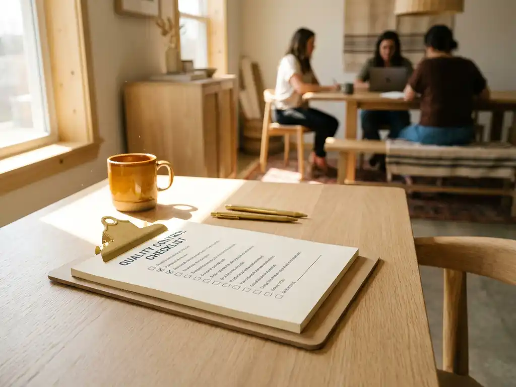 Qualitätskontroll-Checkliste auf glänzendem Klemmbrett am modernen Schreibtisch, kleines Büro-Team unscharf im Hintergrund, warmes Seitenlicht.