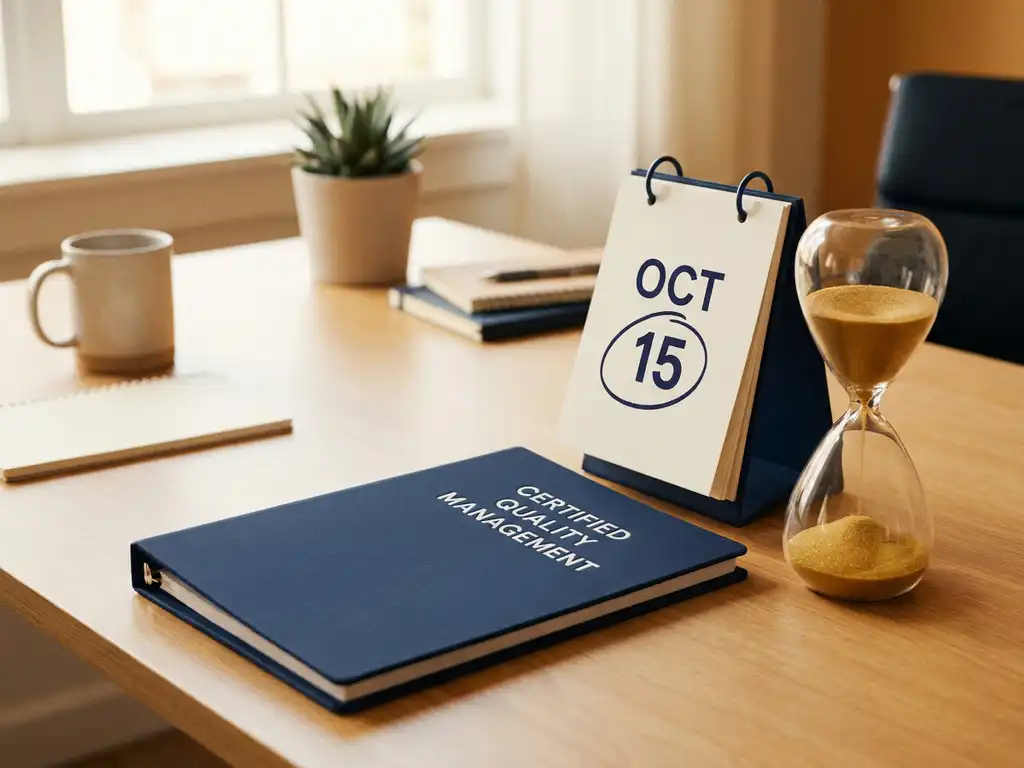 Aufgeschlagener Schreibtischkalender mit markiertem Datum neben einem Qualitätsmanagement-Ordner und laufender Sanduhr im modernen Büro.