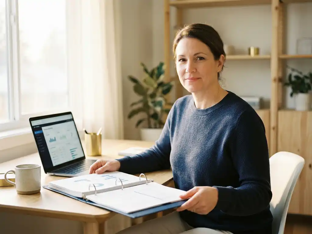Selbstständige Unternehmerin prüft Qualitätsmanagement-Ordner am modernen Schreibtisch mit offenem Laptop im Morgenlicht.