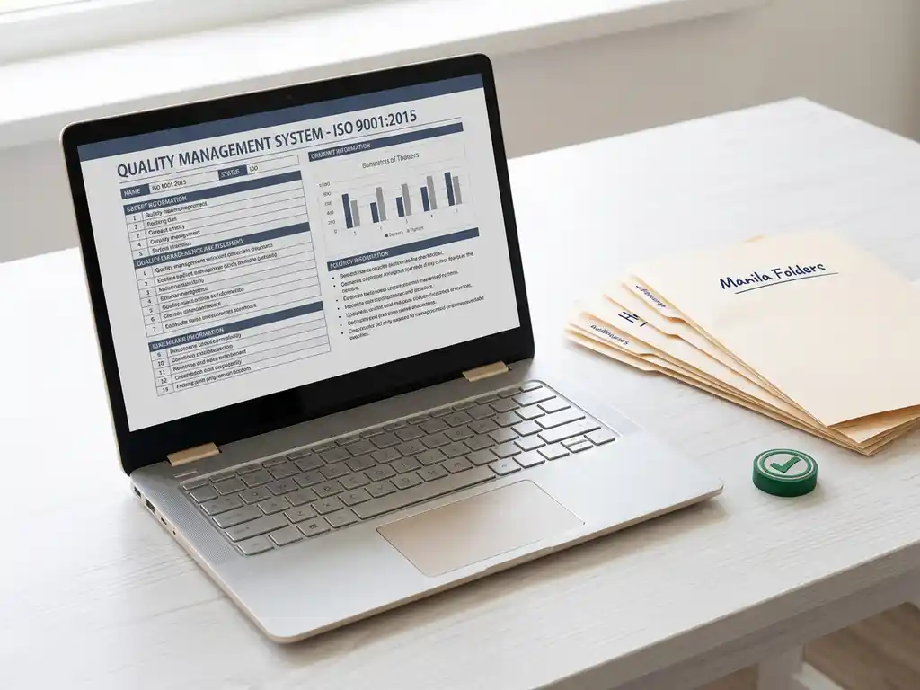 Laptop mit Qualitätsmanagement-Dokument auf weißem Schreibtisch, daneben Papierordner und grüner Haken-Stempel im Tageslicht.