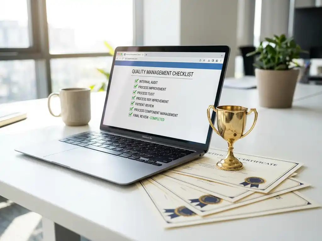 Laptop mit Qualitätsmanagement-Checkliste auf weißem Schreibtisch, daneben goldene Trophäe und ausgefächerte Zertifikate im modernen Büro.