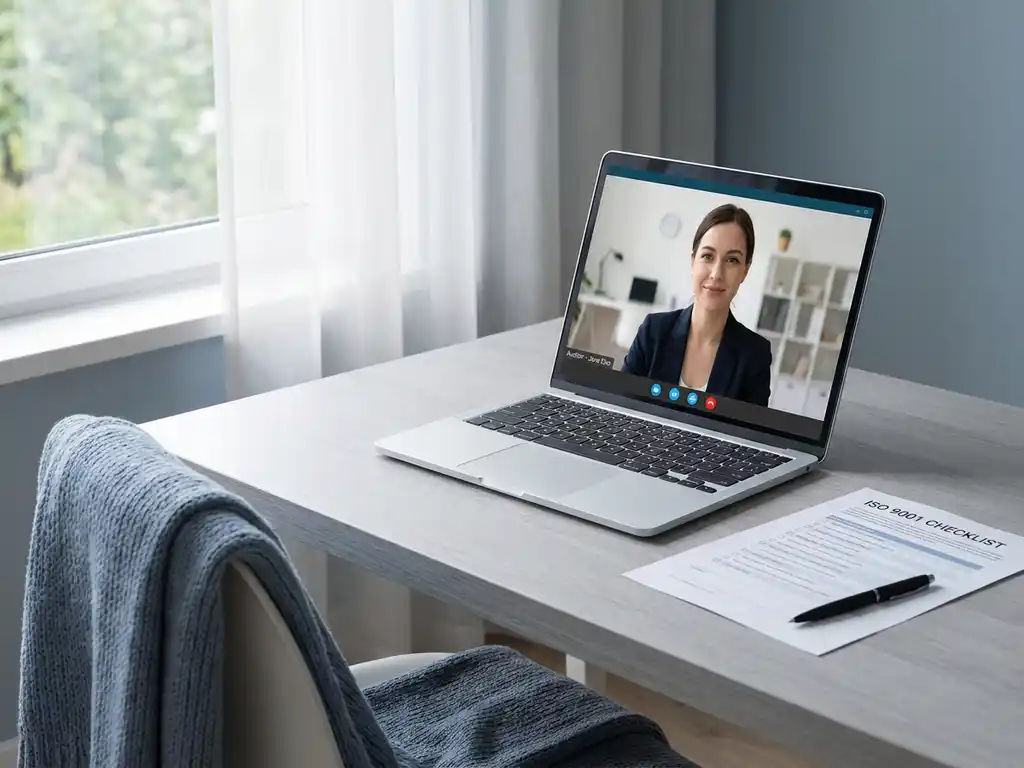 Laptop auf modernem Schreibtisch mit Video-Auditgespräch, daneben ausgedruckte ISO-Checkliste und Stift im Homeoffice.