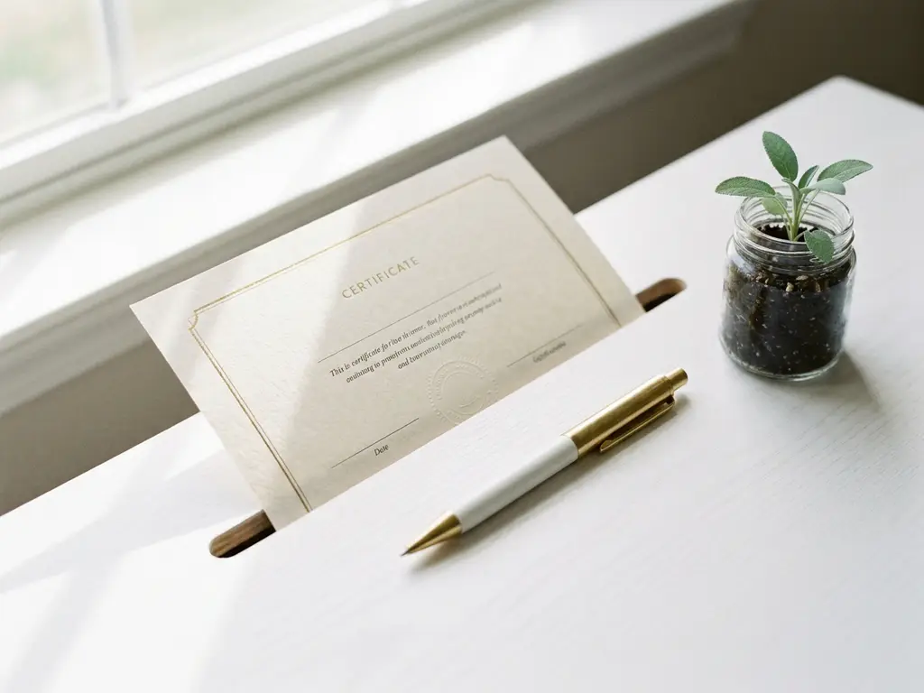 Zertifikatsdokument auf weißem Schreibtisch mit elegantem Stift und grünem Sämling im Glasgefäß im Hintergrund.