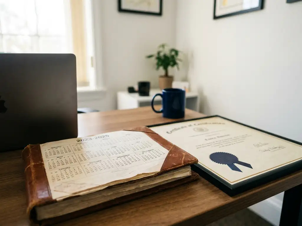 Aufgeschlagener Leder-Tischkalender mit Drei-Jahres-Übersicht neben einem offiziellen Zertifikat im kleinen Büro.
