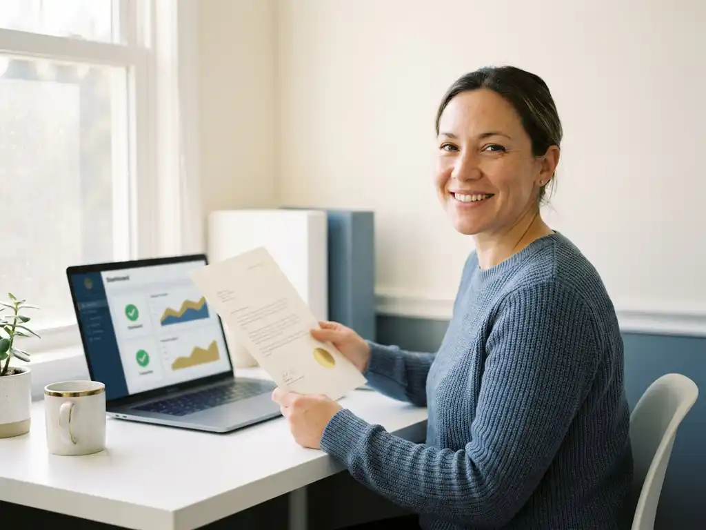 Selbstständige Unternehmerin hält ISO-Zertifikat am Schreibtisch, daneben Laptop mit digitalem Audit-Dashboard, modernes Büro mit warmem Morgenlicht.