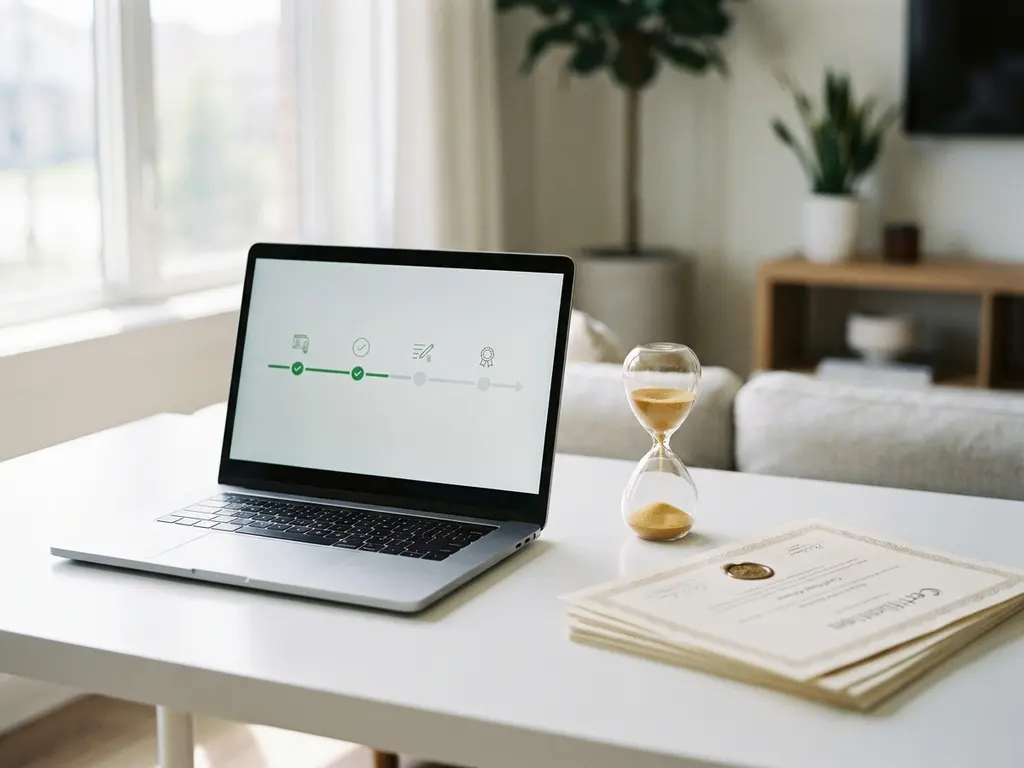 Laptop mit Fortschritts-Timeline auf weißem Schreibtisch, Sanduhr und gestapelte Zertifikate im modernen Homeoffice mit natürlichem Fensterlicht.