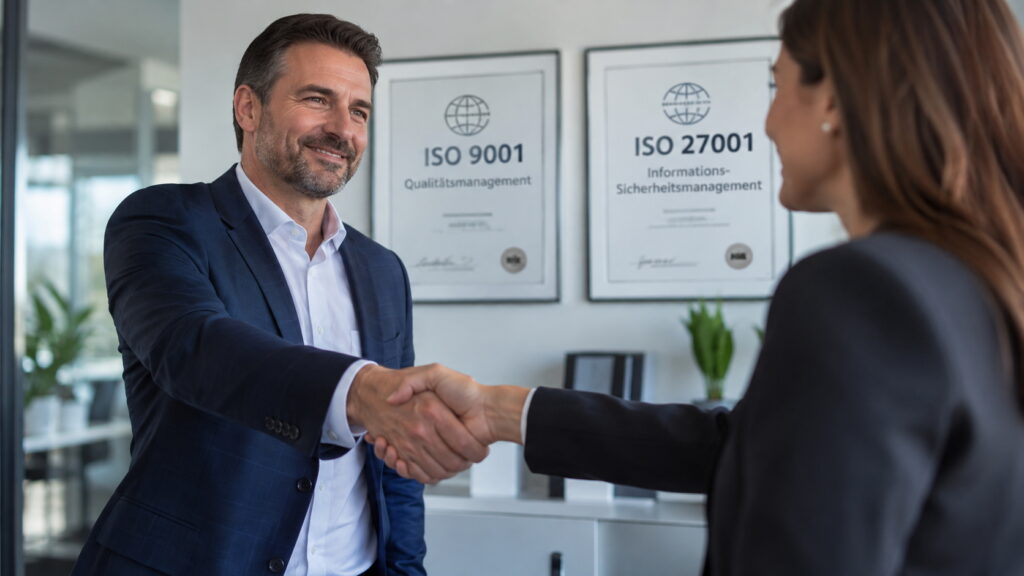 Geschäftsmann und Geschäftsfrau beim Handschlag vor Zertifikaten für ISO 9001 Qualitätsmanagement und ISO 27001 Informationssicherheitsmanagement.