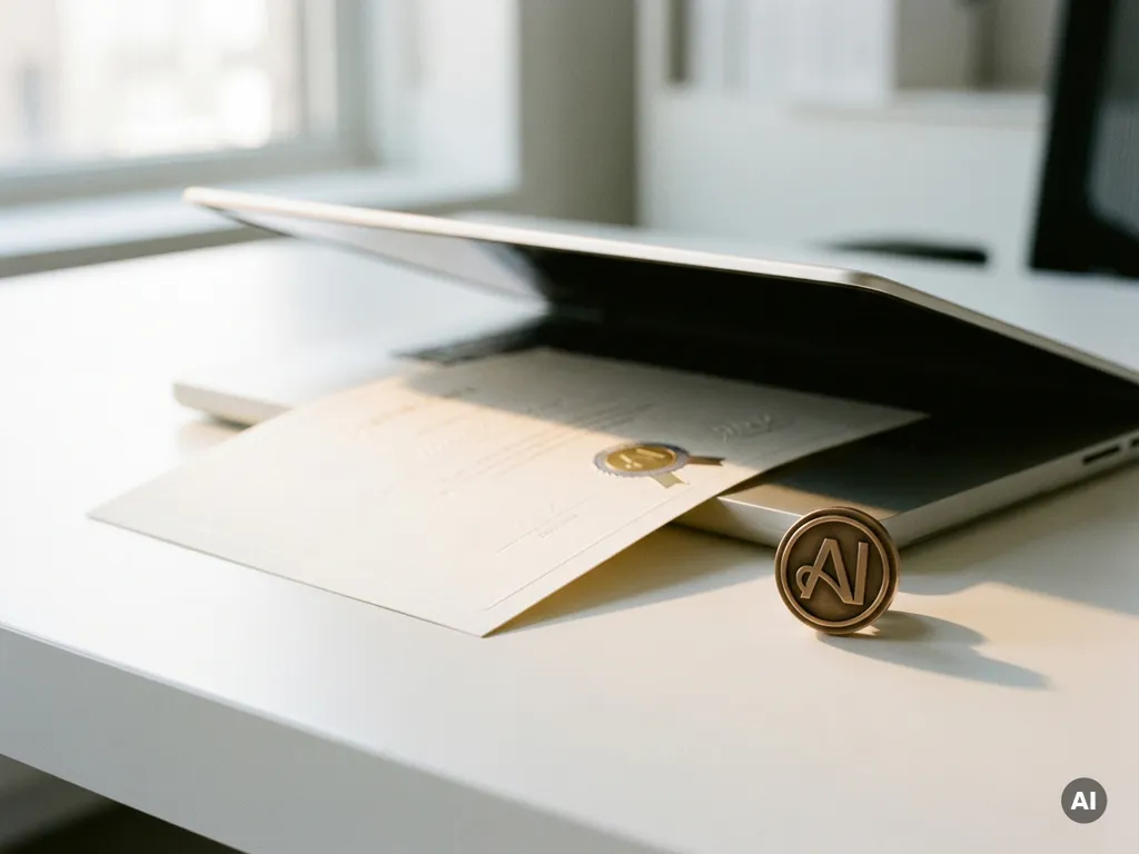 Official AI certification document emerging from a laptop on a white desk, with a bronze stamp seal beside it.