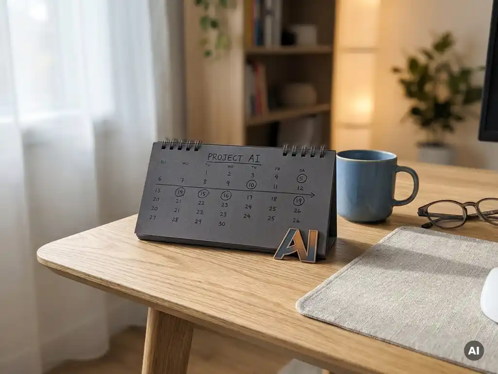 Desk calendar with marked timeline beside an AI certification badge in a sunlit modern home office.