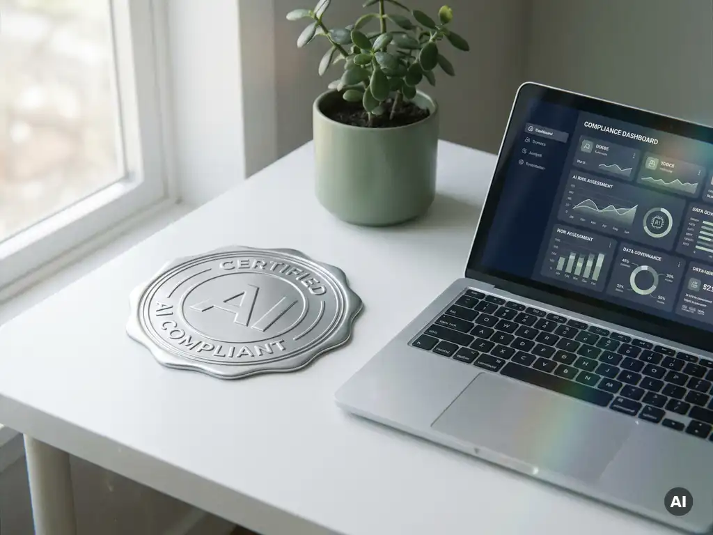 Silver AI compliance certification seal on a white desk beside a laptop showing a compliance dashboard and a green potted plant.