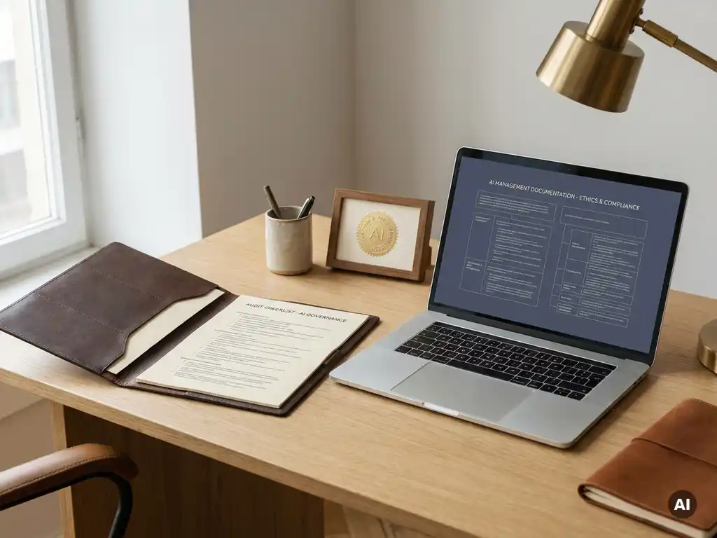 Leather-bound audit checklist folder and laptop displaying AI management documentation on a modern desk, with an embossed certification seal nearby.