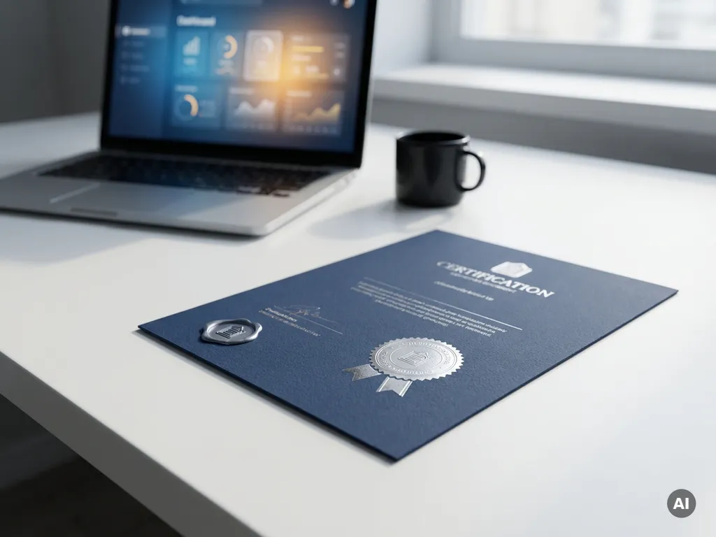 Official certification document with embossed stamp on a white desk, glowing laptop screen in the background, navy and amber tones.