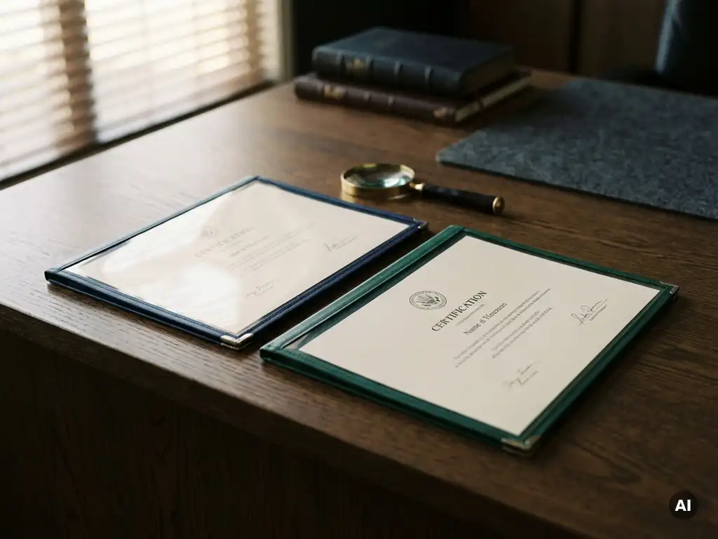 Two certification documents in navy and forest green transparent folders on a dark oak desk with a magnifying glass between them for comparison.