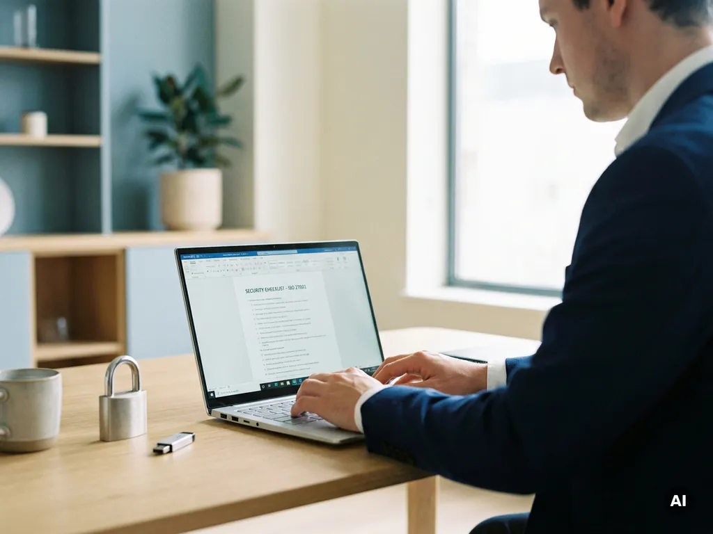 Certified auditor reviewing a security checklist on a laptop beside a physical lock and USB key in a modern office.