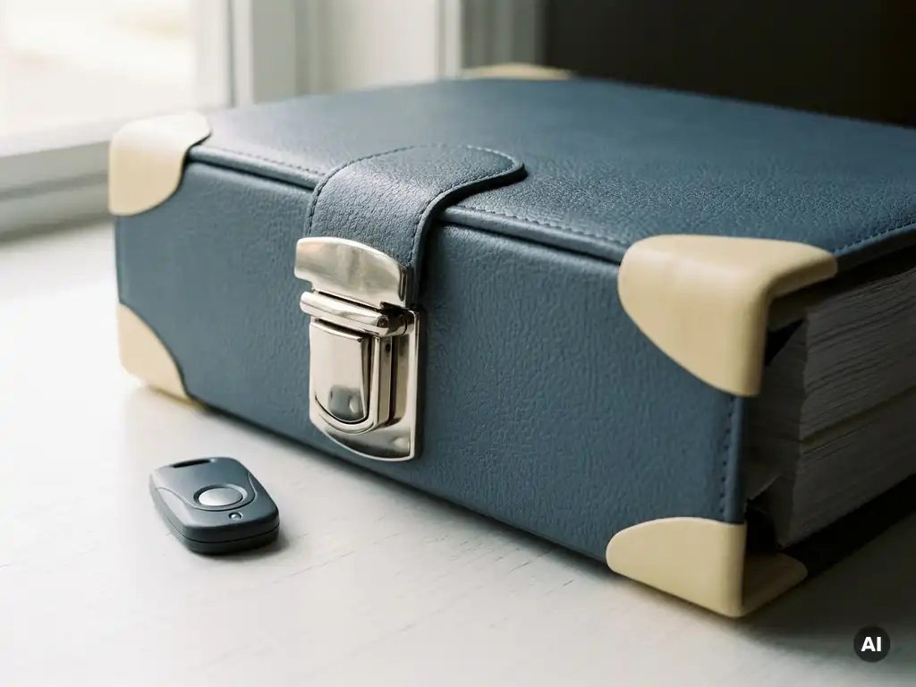 Official certification binder with chrome lock clasp beside a digital security key fob on a white desk.