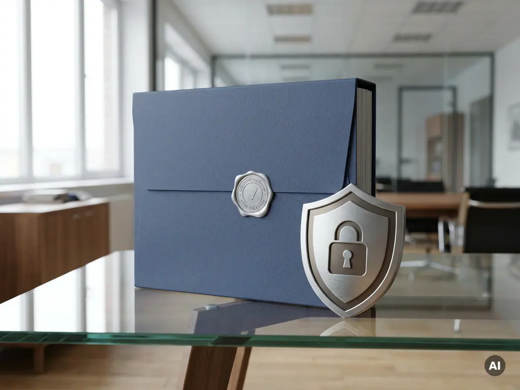 Versiegelter Aktenordner mit Zertifizierungssiegel neben digitalem Datenschutz-Emblem auf Glasschreibtisch in modernem Büro.