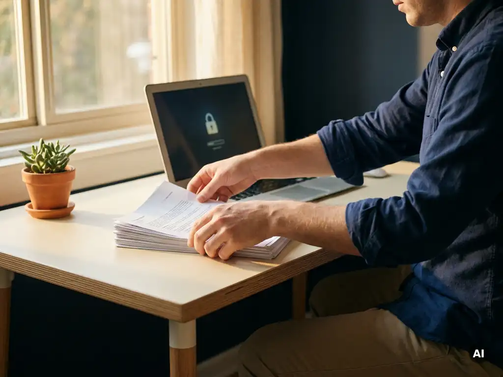 Selbstständige Person sortiert Sicherheitsdokumente neben Laptop mit Schloss-Symbol, warmes Licht, ruhige Arbeitsatmosphäre.