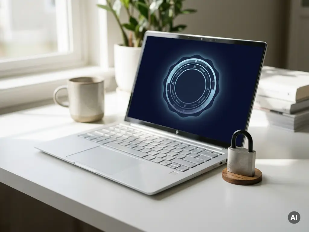 Laptop auf weißem Schreibtisch zeigt digitales Zertifikat-Siegel, daneben ein Vorhängeschloss als Symbol für Informationssicherheit.